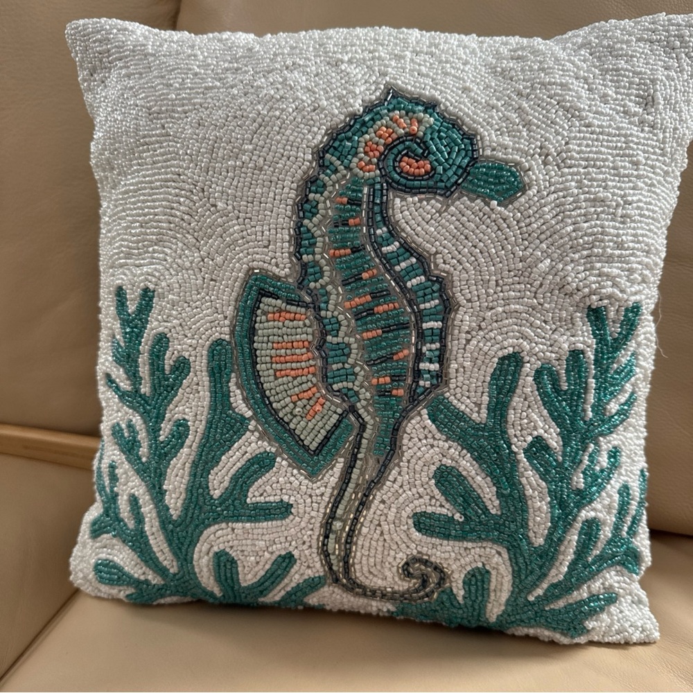 Coastal Collection Seahorse Beaded Accent Pillow - White and Teal Green